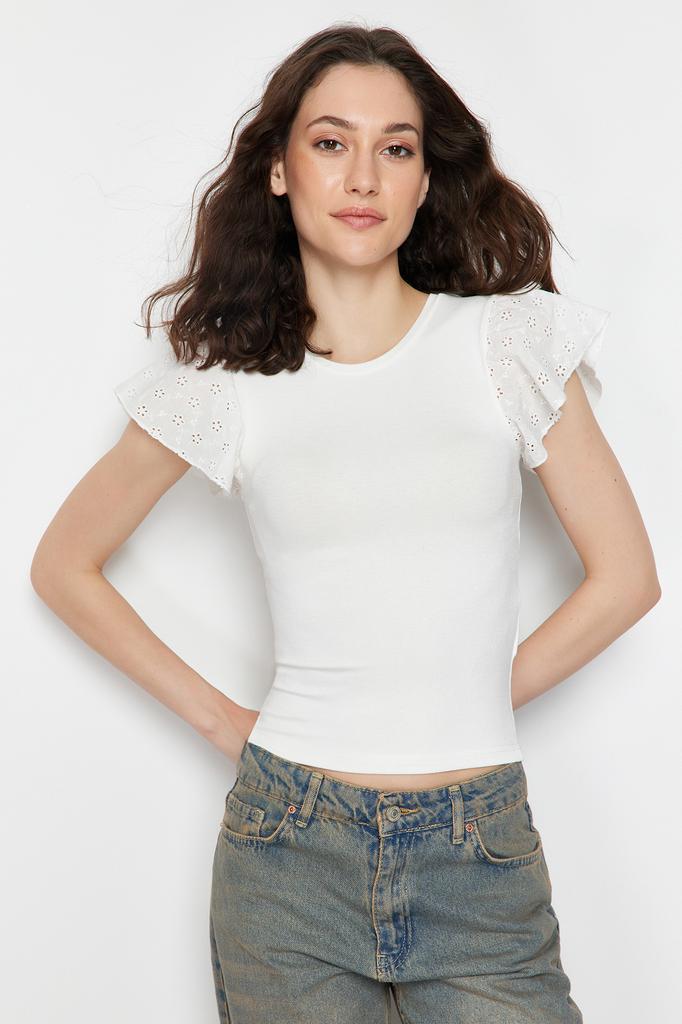 Women's Fashion Blouse Crew Neck Short Black Backless Tie Detailed Ribbed Flexible Knitted Blouse