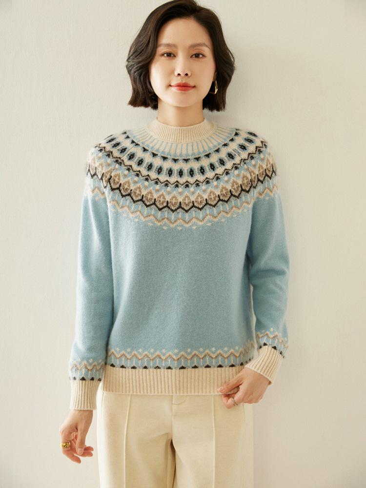 Elegant Fair Isle Jacquard Cashmere Sweater - Autumn/Winter 2026, Half-Neck, Loose & Slimming Design