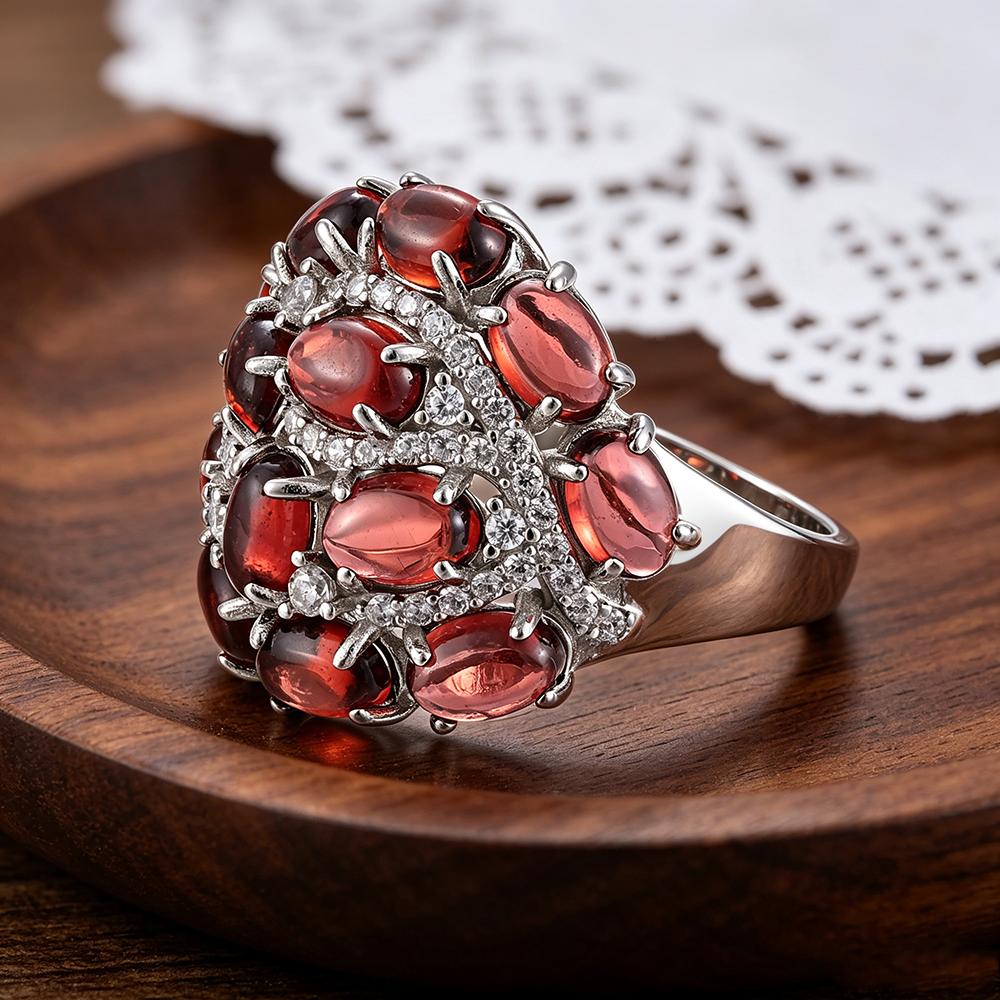 925 Sterling Silver Women's Big Ring with Natural Garnet Gemstones Fine Jewelry for Anniversary Banquet Wear