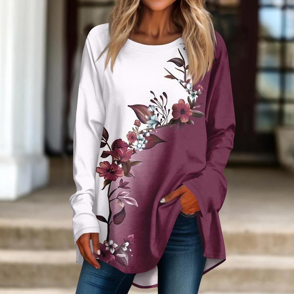 Naiste vabaaja plusssuuruses pikkade varrukatega ümmarguse trükitud T-särgi top pullover