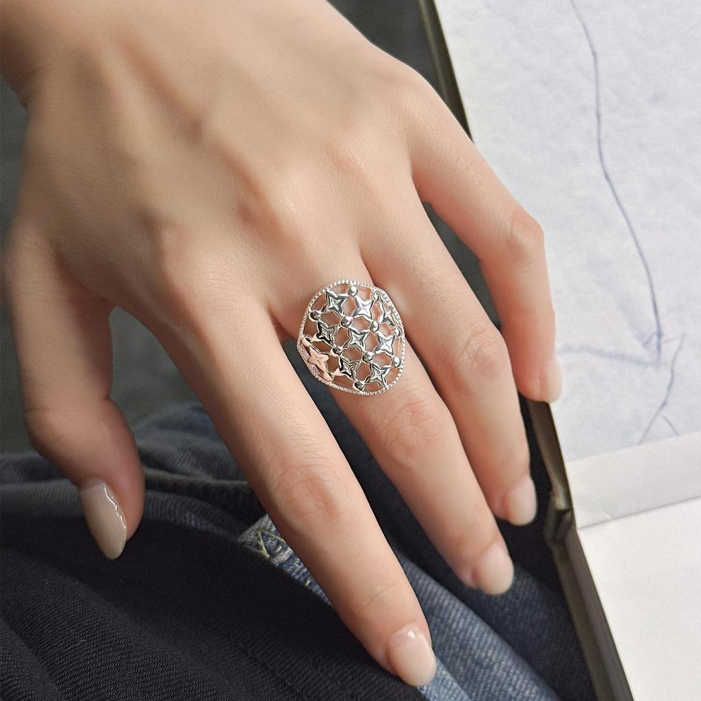 Hollow Rhombus Flower Ring: S925 Sterling Silver, Unique Design, Adjustable Women's Jewelry.