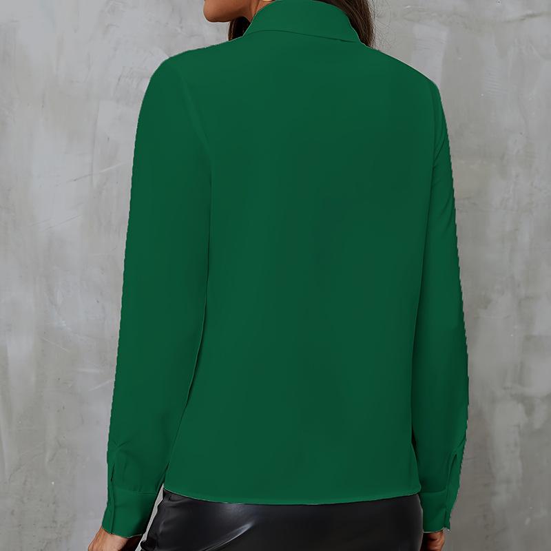 Elegantes Raff-Patchwork Lockeres Chiffon-Hemd Damen Langarm Bürobluse Süßes Revers Mode Frühling Herbst Freizeit Unifarbene Oberteile Neue Kleidung