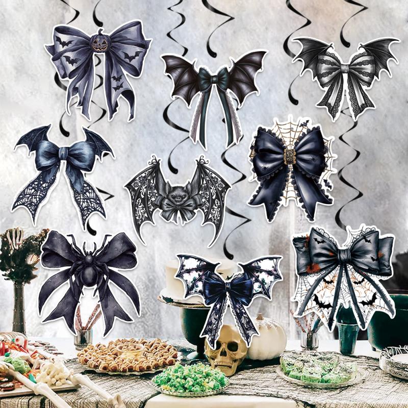 9Pcs/Set Happy Halloween Party Decoration Spiral Hanging Black Spider Bow Charm Pendant Decoration