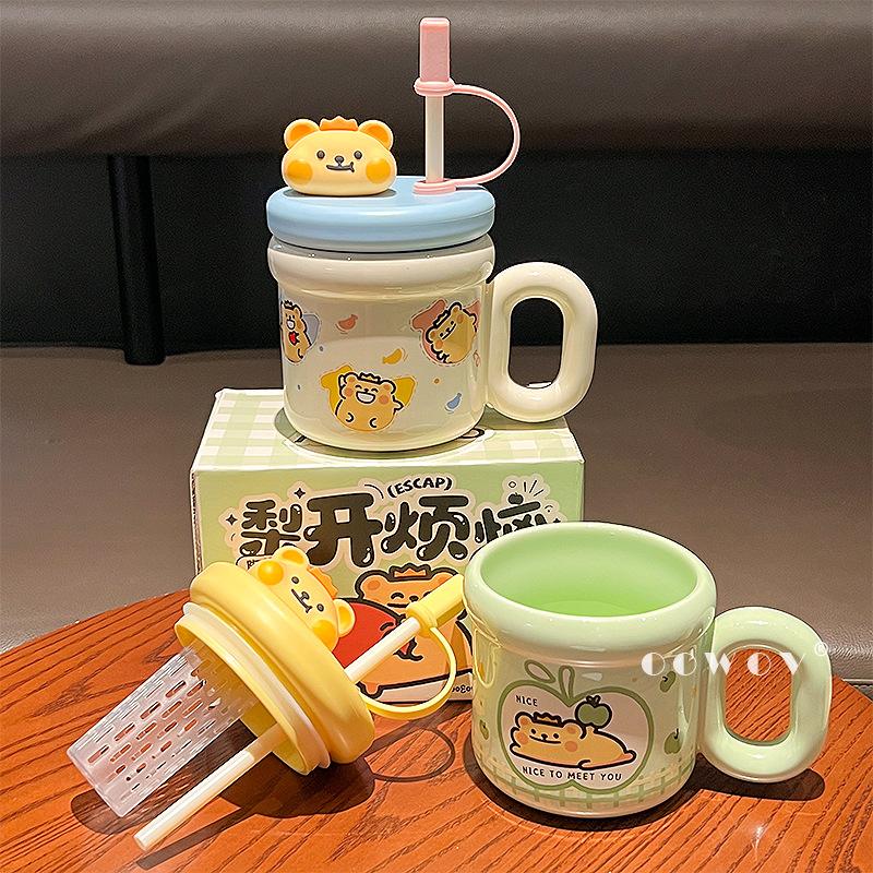 Bear bug ceramic mug with lid couple water cup female birthday gift straw cup household drinking water office