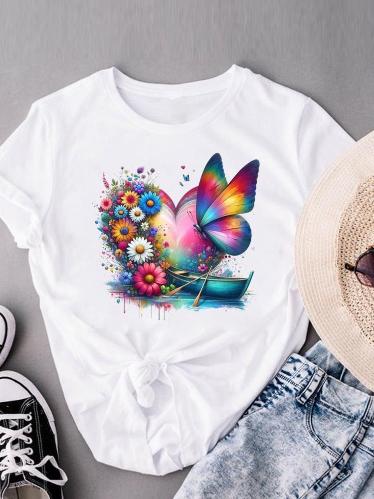 

(Азиатский размер) Одежда милый цветочный стиль тренд Принт Женская Повседневная Короткий рукав Мода Футболка Женский Топ Графическая футболка Футболки S