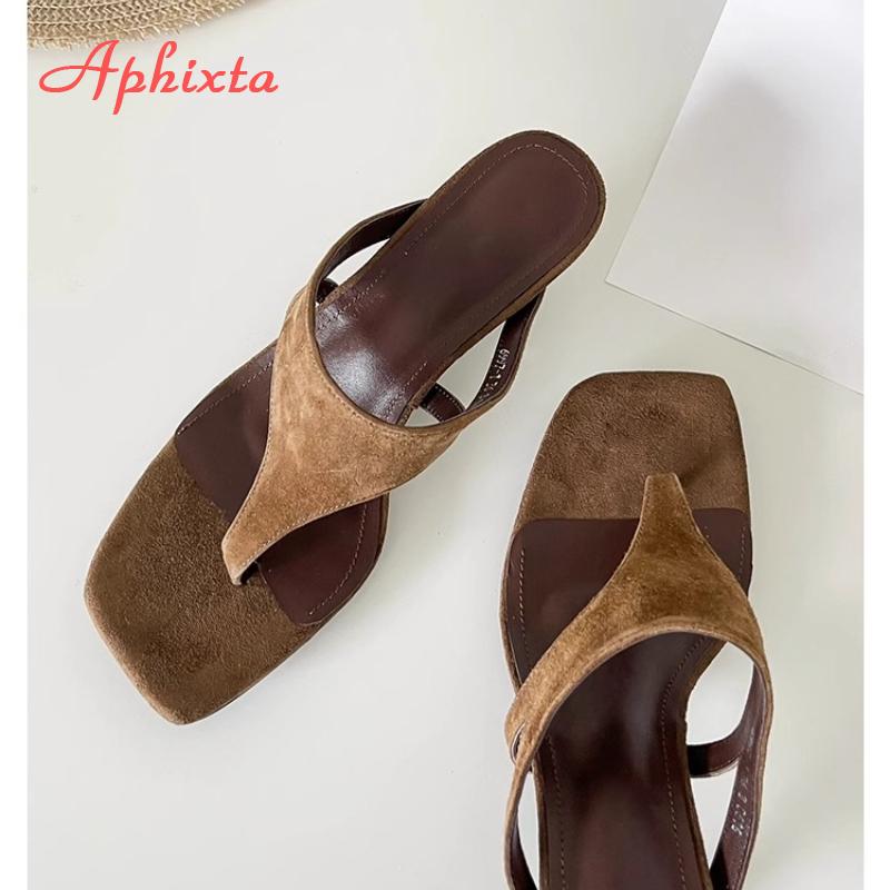 Fashion Aphixta Women Classic Slides Cow Suede Thin Heels Slippers For Women Summer Beach Sandals Outdoor Flip Flops Ladies Shoes