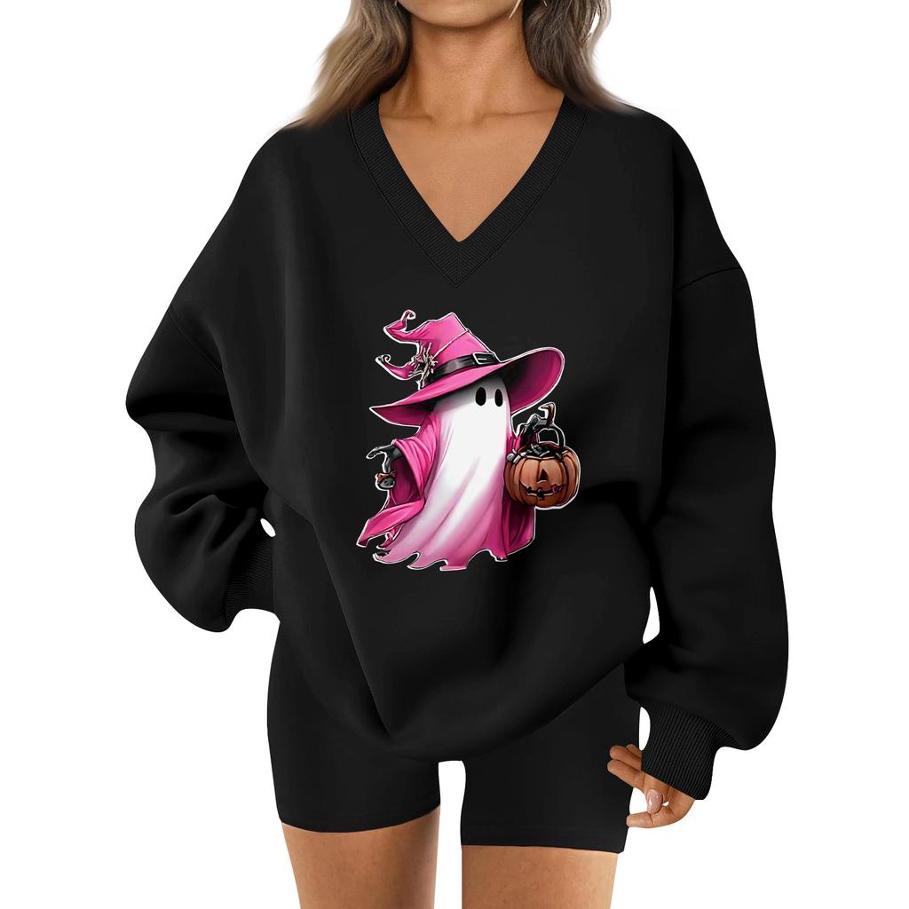 Women's V-neck Dropped Shoulder Halloween Print Sports Sweatshirt Top