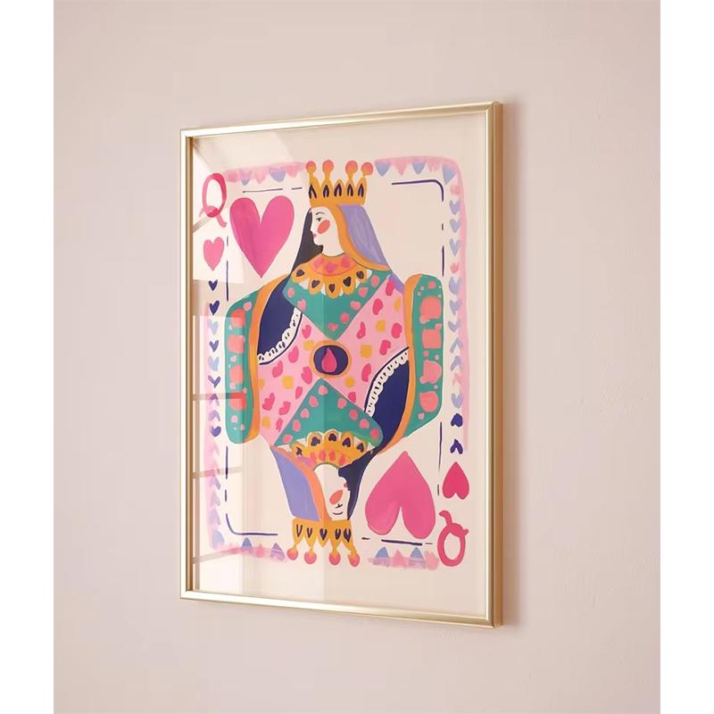 Queen of Hearts Wall Art Print Colorful Playing Card Poster Maximalist Card Dopamine Queen Illustration Canvas Painting