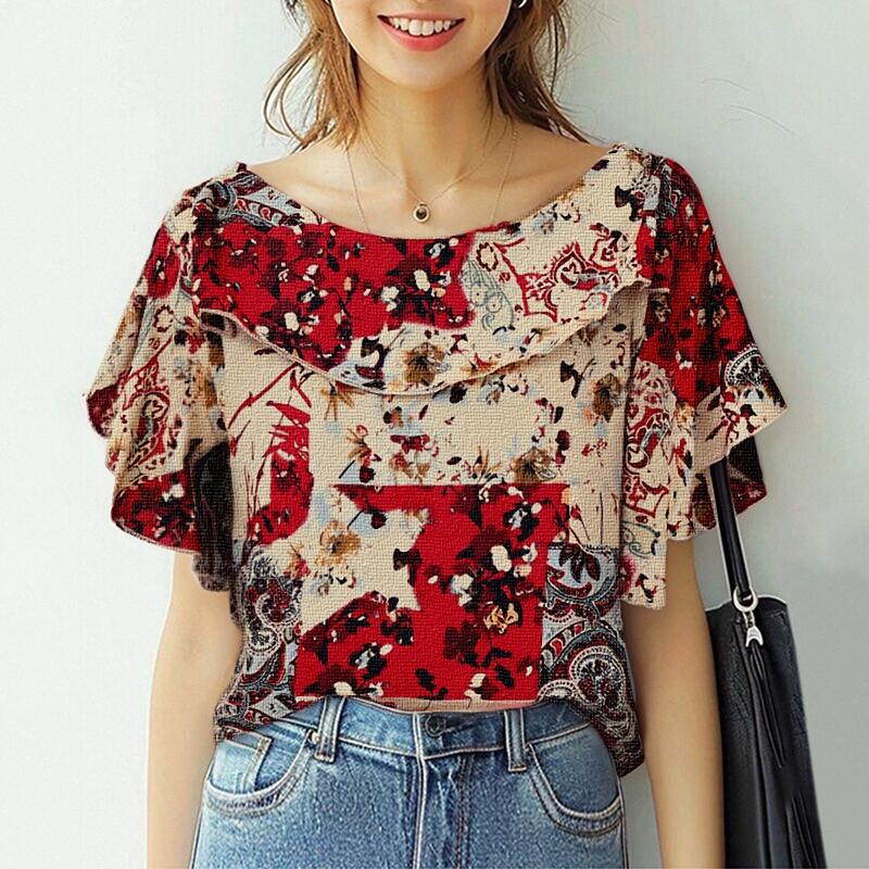 ZANZEA Women Casual Ethnic Print Loose Short Sleeve Blouse