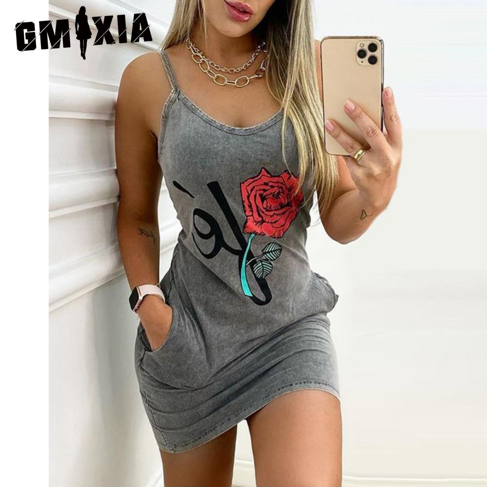 

GMXIA Women Elegant Summer Floral Letter Print Denim Bodycon Mini Slim Dress Sleeveless Pocket Design S