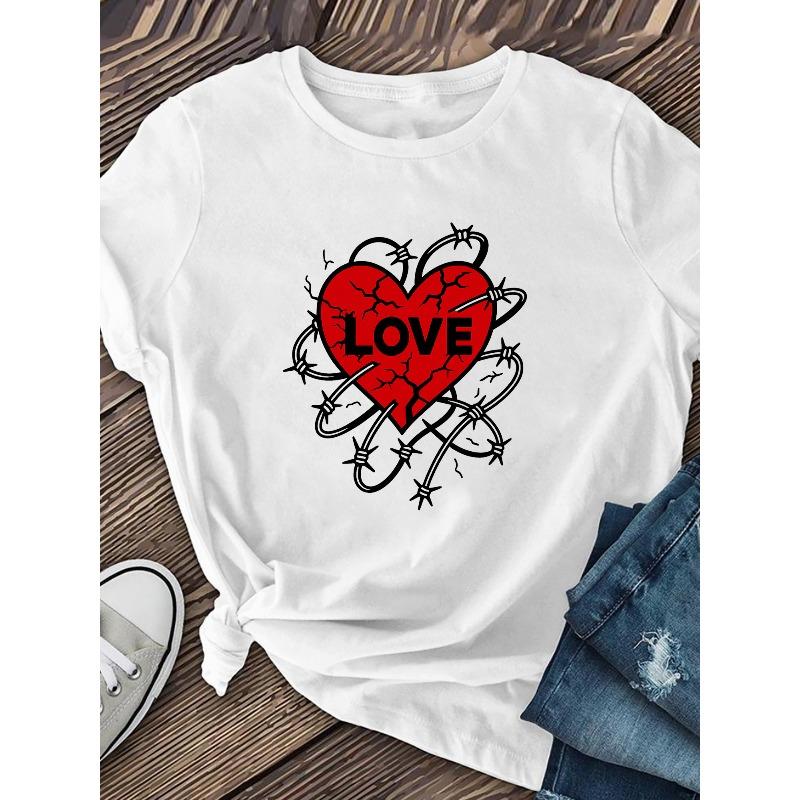 European Size Women's "Chain Heart LOVE" Printed Short-sleeved Shirt, Made of Soft and Breathable Polyester Fiber