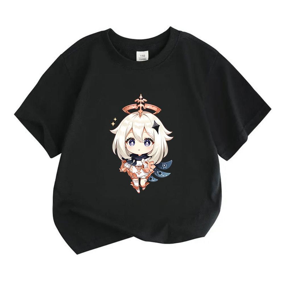Kids Boys Girls Crew Neck Short Sleeve 100% Cotton T-Shirt, Cute Anime Chibi Character Printed Casual Soft Breathable Summer Tee for Daily Wear Outdoo
