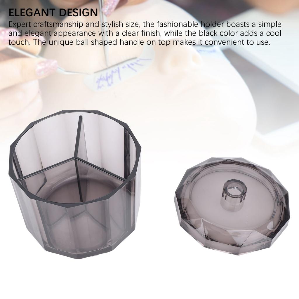 Qtip Holder Dispenser for Floss Picks Transparent Black Acrylic 3 Compartments Dust Water Resistant Lid Cotton Rounds Dispenser