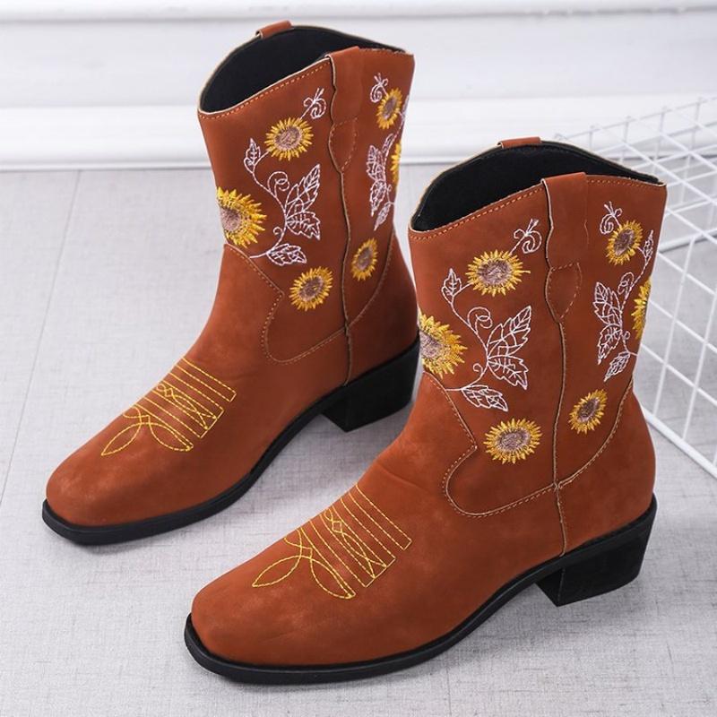Modne zimowe buty damskie Modne buty outdoorowe Wygodne buty do chodzenia Haftowane brązowe skórzane buty Głębokie wysokie cholewki Damskie buty casualowe Botas