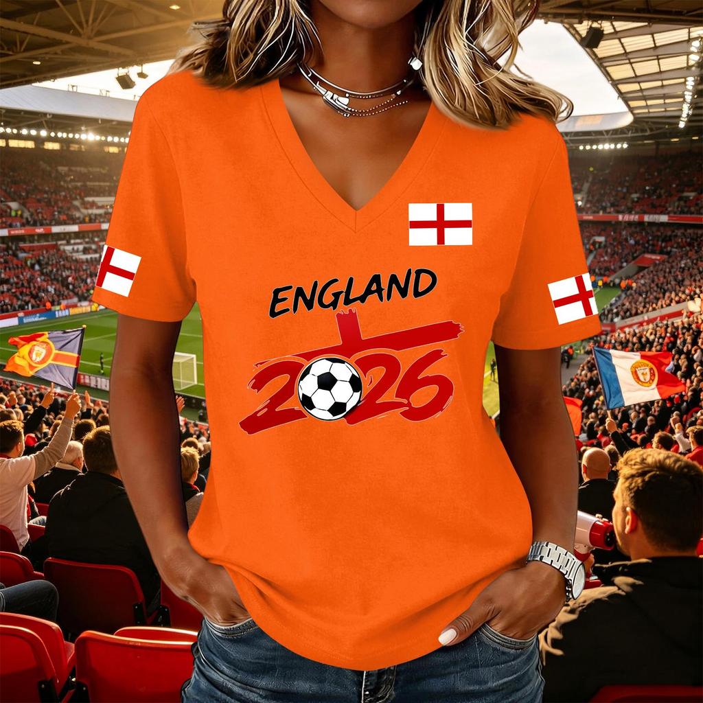 Women's Casual V Neck Short Sleeve Pullover Top Football Flag Print Support Tee Shirt for Sports Events