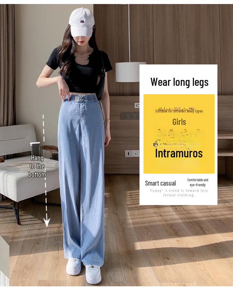 Women's Summer Tencel Wide-Leg Jeans - Lightweight, Elastic Waist, Ice Silk Drape, Loose Fit.