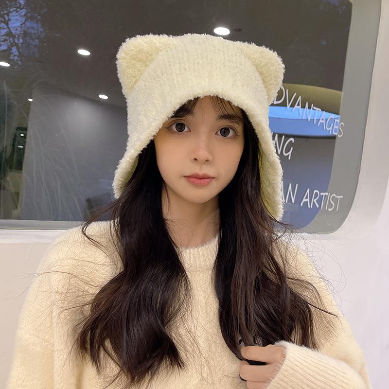 Bear hat women's autumn and winter warm ear protection knitted hat big head circumference show face small bucket hat