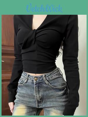 Long Sleeve T Shirt For Women Short Crop Top With V Neck For Autumn Casual Wear