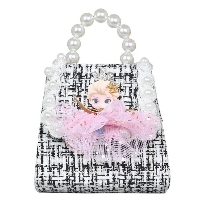 

Trendy Korean Style Mini Handbag For Kids With Chic Pearl Chain And Soft Pu Leather Design In Black Pink And White Colors Princess Black