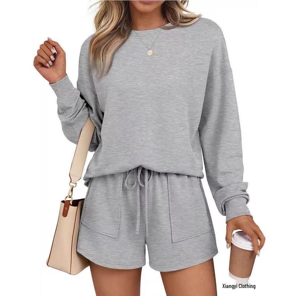 

European & American Women s Autumn Round Neck Long Sleeve Hoodie with Double Pocket Shorts Casual Set Extra Large