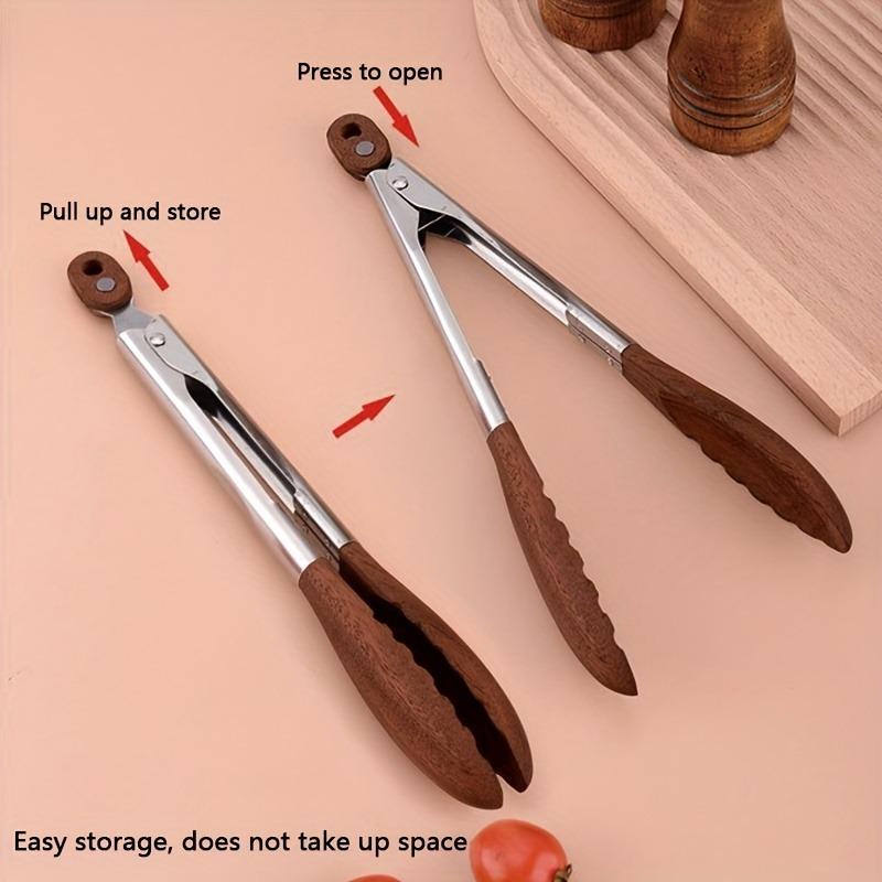 1pc Heavy Duty Stainless Steel Kitchen Tongs Non-Scratch Heat Resistant with Wooden Handle for BBQ Serving Flipping Cooking