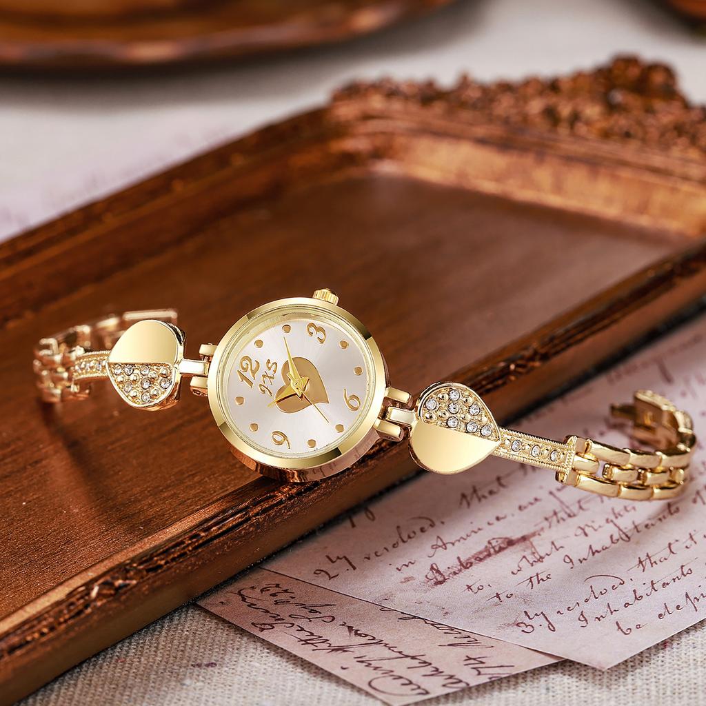 New Small Gold Watch with Diamond Inlaid Bracelet Watch, Women's Compact Round Quartz Watch