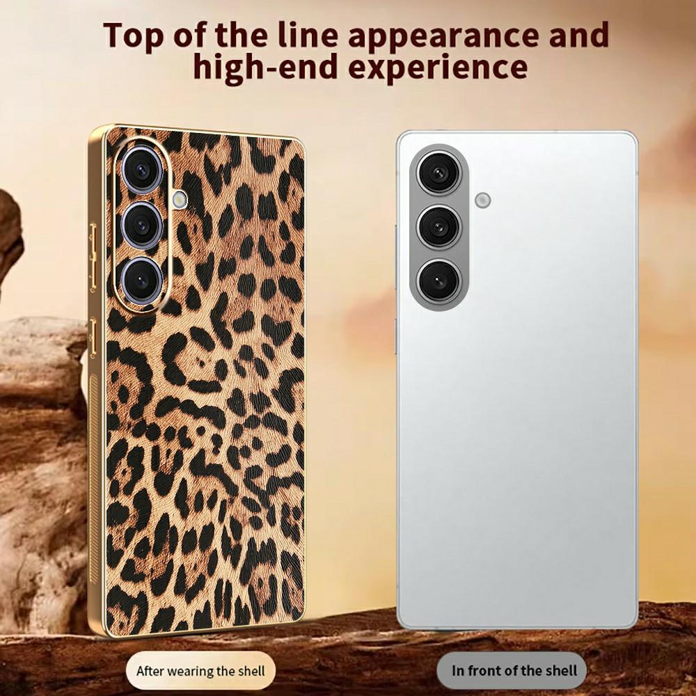 For Samsung Galaxy S24+ Case Leopard Print PU Leather Coated PC+TPU Electroplating Phone Cover