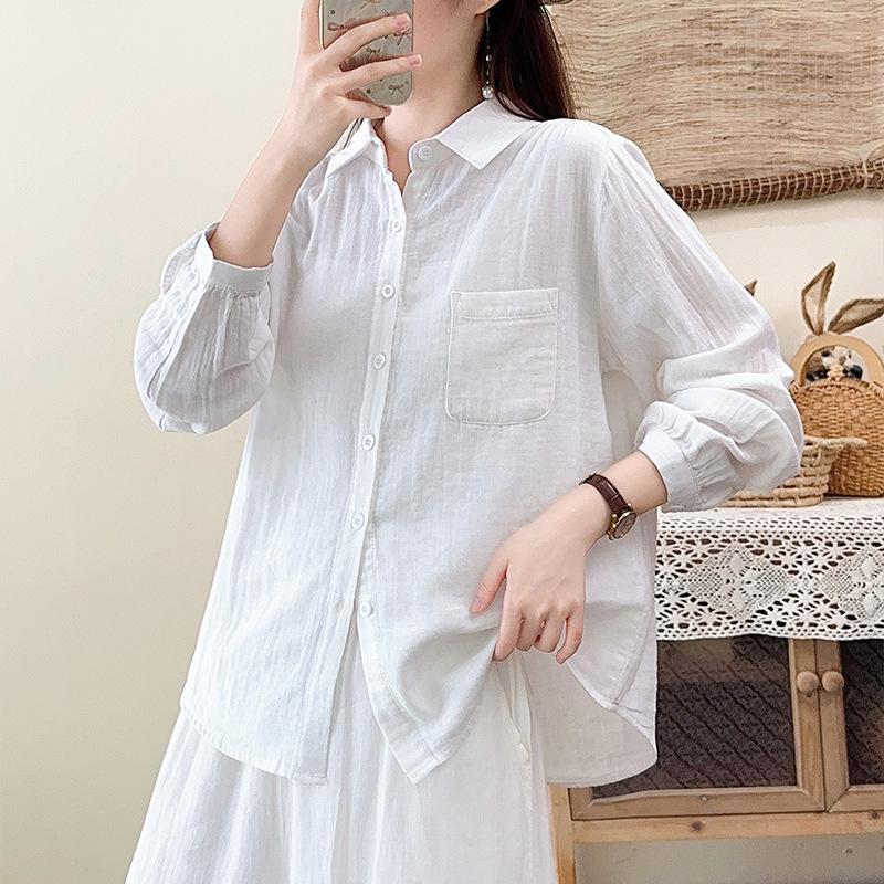 New spring and autumn pure cotton double-layer cotton yarn long-sleeved shirt women's loose and thin temperament casual literary and retro style shirt