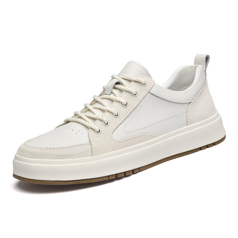 Men's Low-Top Fashionable White Cowhide Sneakers - Large Size Casual Sports Shoes