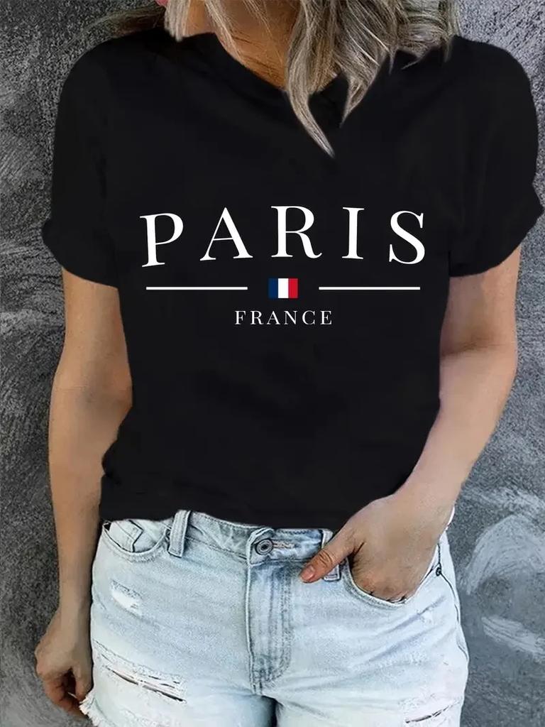 PARIS Print T-shirt Short Sleeve Crew Neck Casual Top For Summer & Spring Women's Clothing