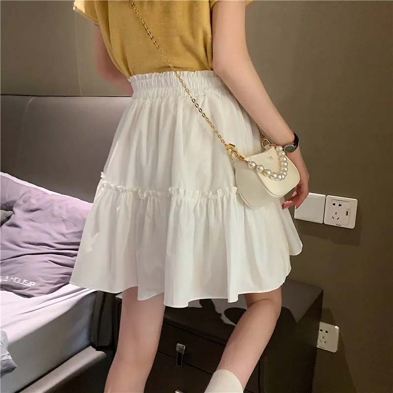 White Skirt Woman Elastic Waist Agaric Edge Solid Color A-line Skirt Sweet Lovely Preppy Style Spring and Summer