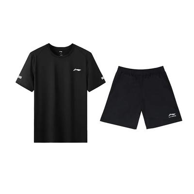 Fashionable Breathable Letter Print Round Neck Short Sleeve T-Shirt Casual Sports Set Unisex Tops Black YTSU163-3+YKSV147-2