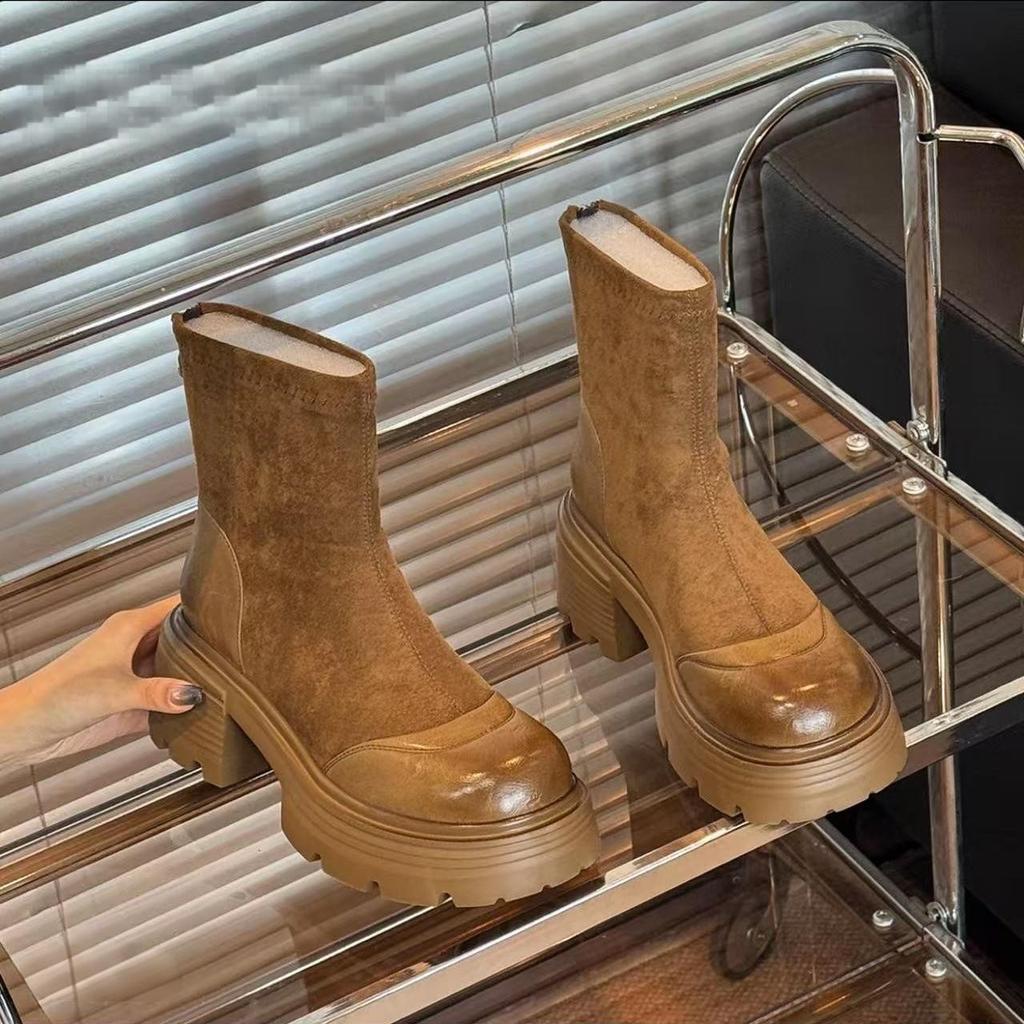 Medium boots 2025 autumn and winter new elastic thin boots thick heel boots fashionable versatile thick-soled British style medium heel women's boots