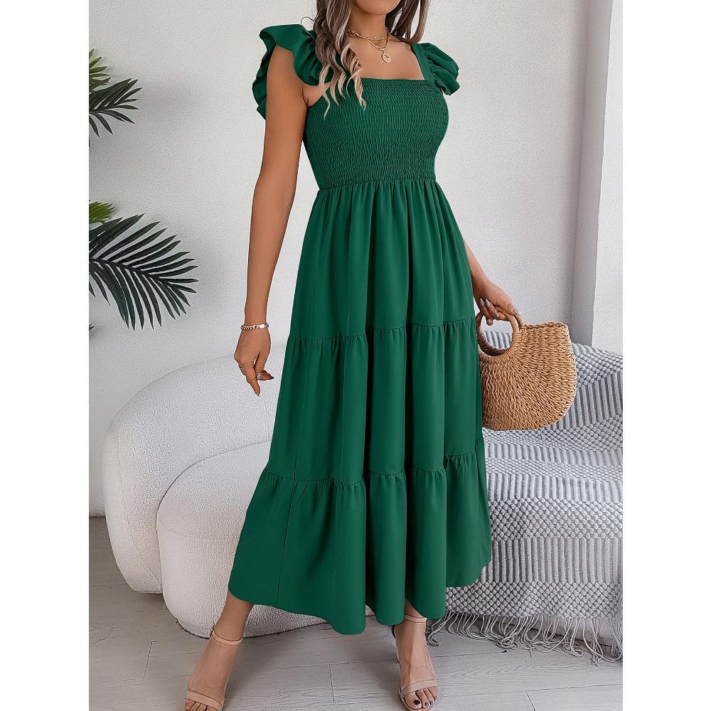 Summer Solid Colour Square Neck Wooden Ear Side Waist A-Line Long Women's Loose Casual Dresses