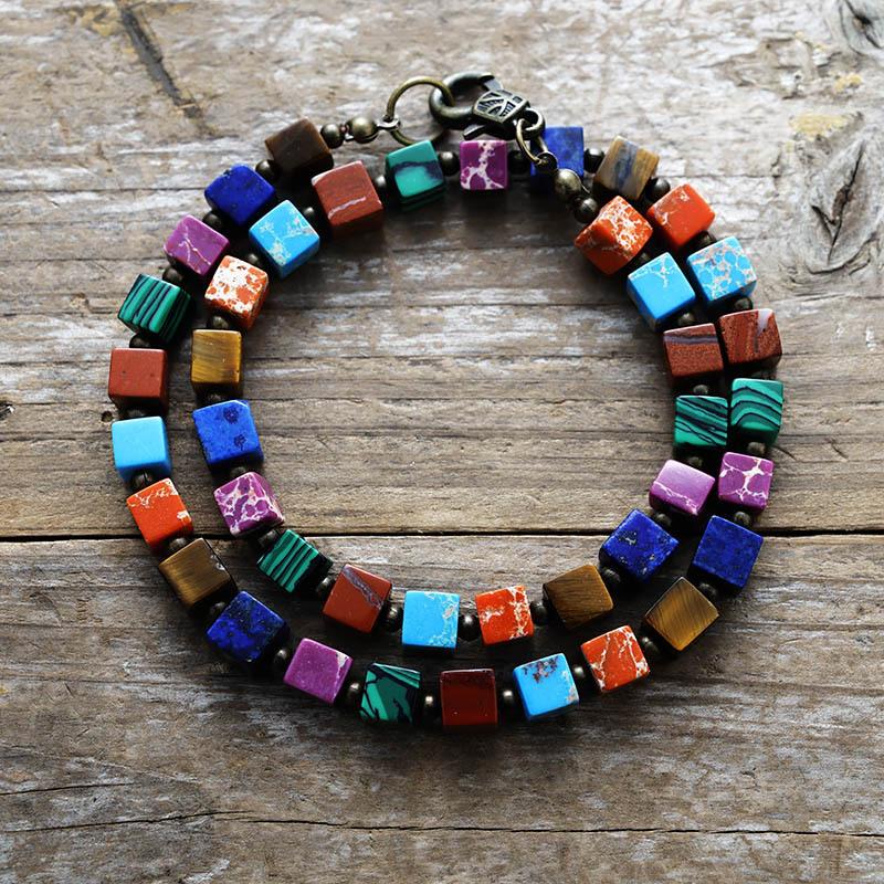 Bohemian 7-Color Chakra Emperor Stone Simple And Fashionable Square Grain Short Scarf Necklace Popular First