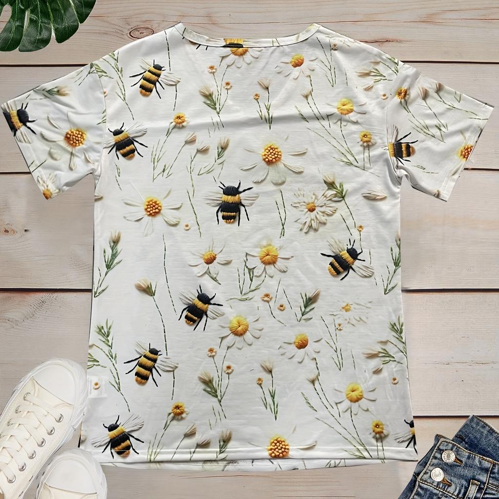 Floral Print V Neck T-shirt, Casual Short Sleeve Top For Spring & Summer, Women's Clothing