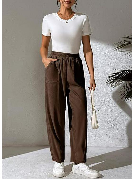 Women's Corduroy Elastic Waist Wide-Leg Pants, Solid Color, Comfortable Casual Loose Fit for Autumn and Winter 2025.