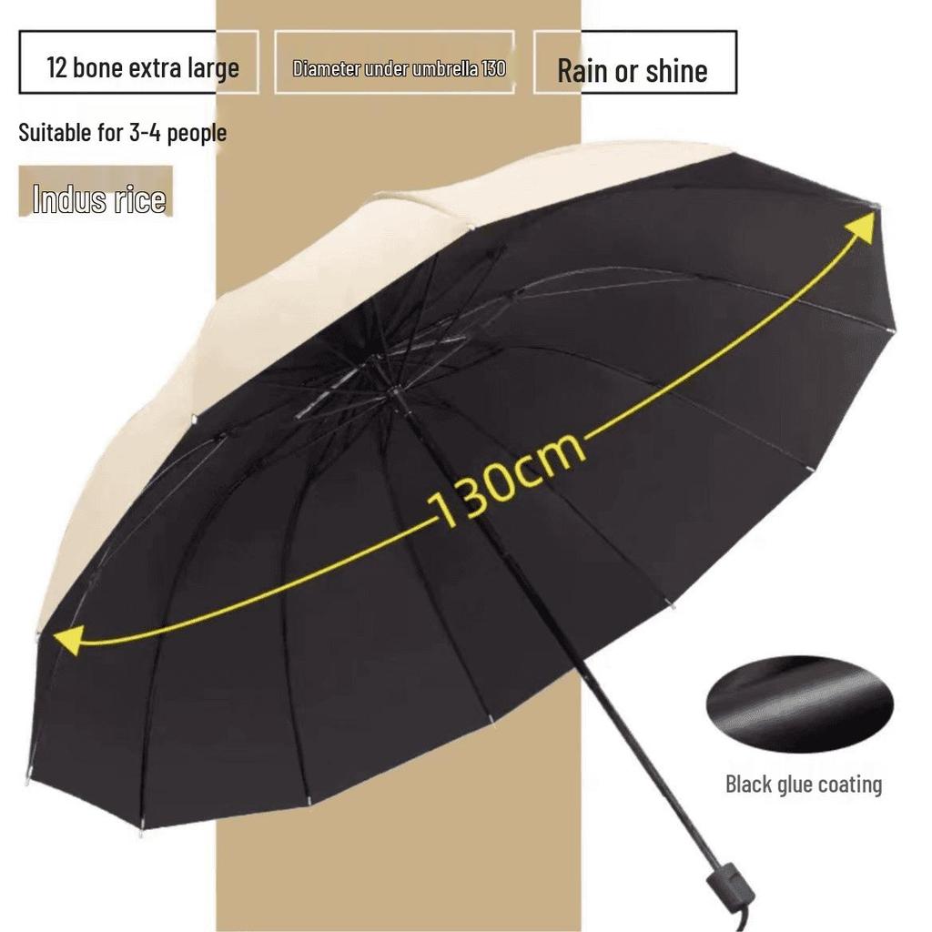 12-ribbigt 1,3 m dubbelanvändnings paraply för sol/regn med förstärkt hopfällbar design