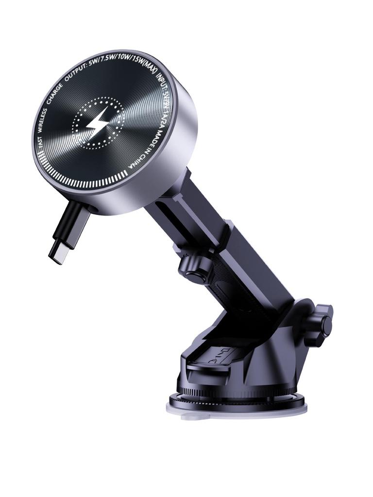 Magnetic Car Phone Holder with 15W Wireless Charger & Retractable Line, Rotating Stable Design