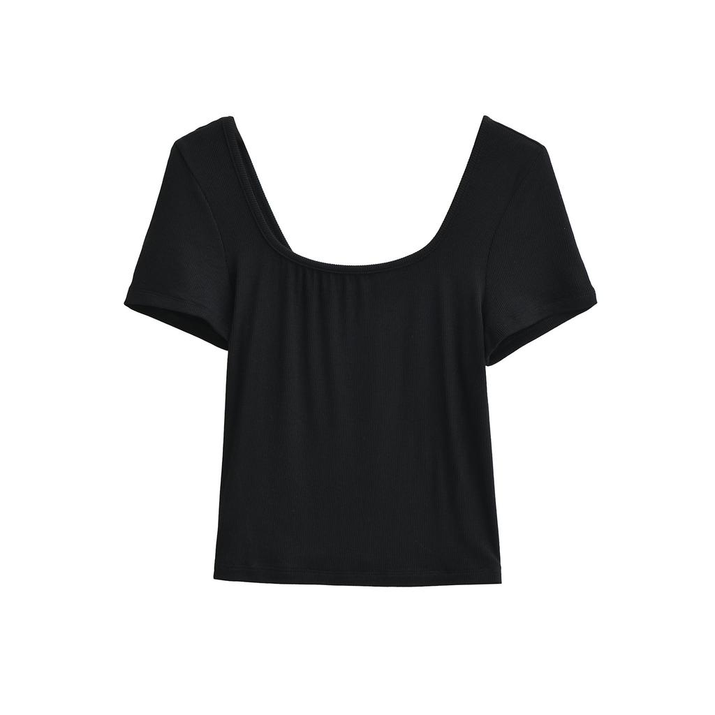 Square neck short-sleeved T-shirt women's summer new American Spice Girl solid color slim-fitting and thin bottoming top