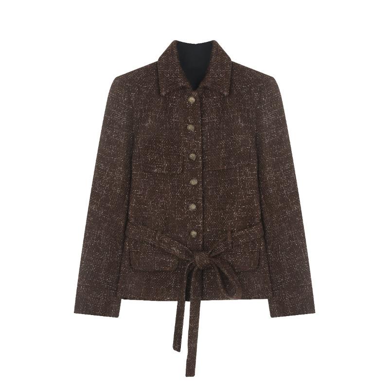 

Women Wool Tweed Belted Shacket – Slim Fit Short Jacket with Multi Pockets for Autumn S коричневый