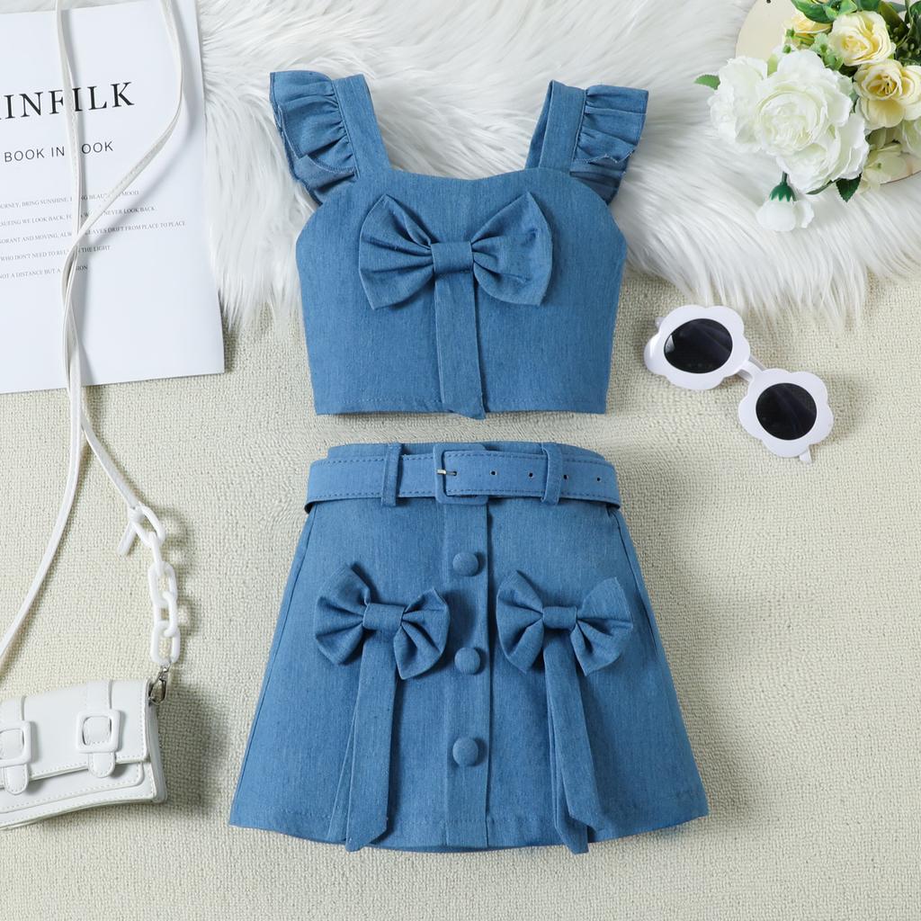 2-6J Kinder Sommerkleider für Mädchen Neu Fliegenärmel Neckholder Schleife Top + Rock Anzug Personalisierte Kleidung