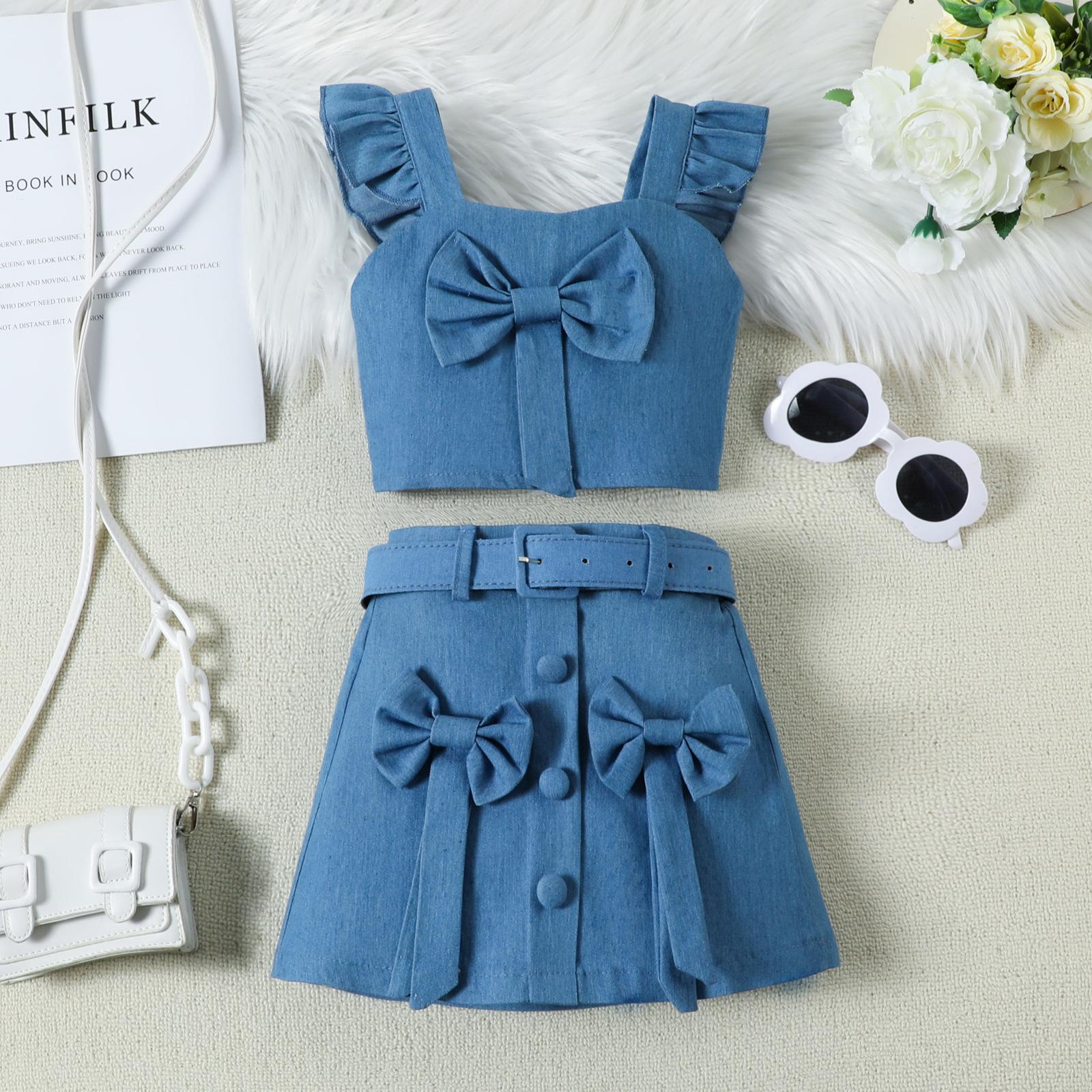 

Детские летние платья для девочек 2-6 лет, новый топ с рукавами-крылышками и бантом + юбка, костюм, индивидуальная одежда 90cm синий