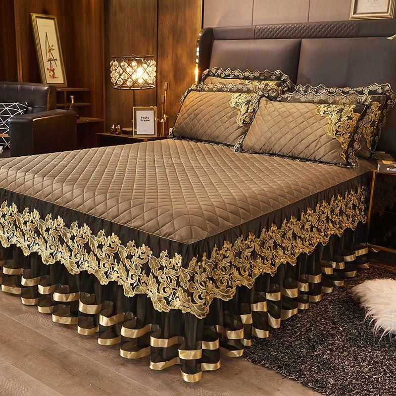 3PCS European Crystal Velvet Bed Skirt Winter Lace Velvet Bed Cover Warm Non-slip Thickened Fleece Bedding Three-piece Set