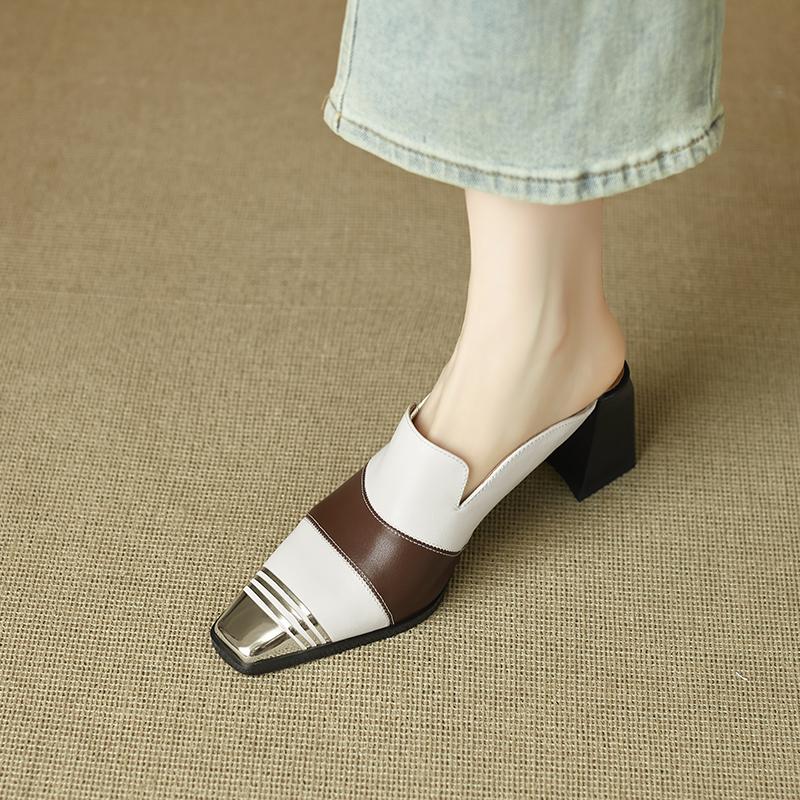 Fashion 2025 New Ladies Genuine Leather Metal Head Mules Fashion Med Chunky Heels Summer Wedges Slippers Women Casual Office Shoes Woman