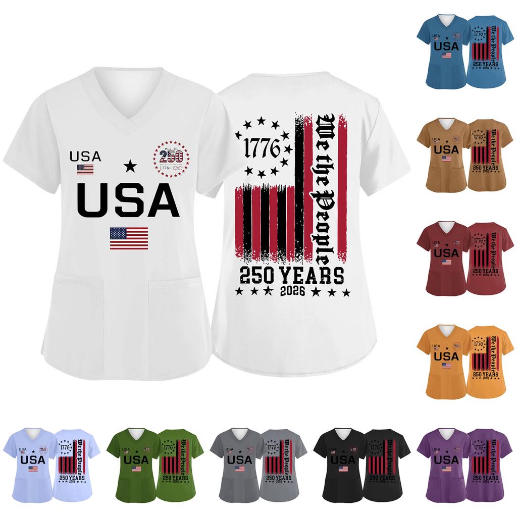 Women's V Neck Short Sleeve Work Shirt with Pockets USA Independence Day Print Medical Uniform Top for Caregivers and Healthcare Professionals