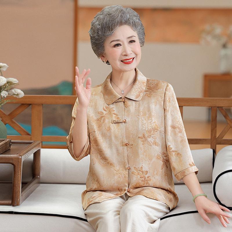 

New Summer Chinese Style Seven-Sleeve Chiffon Cardigan for Elderly Women 3XL (Recommended 120-135 lbs) хаки