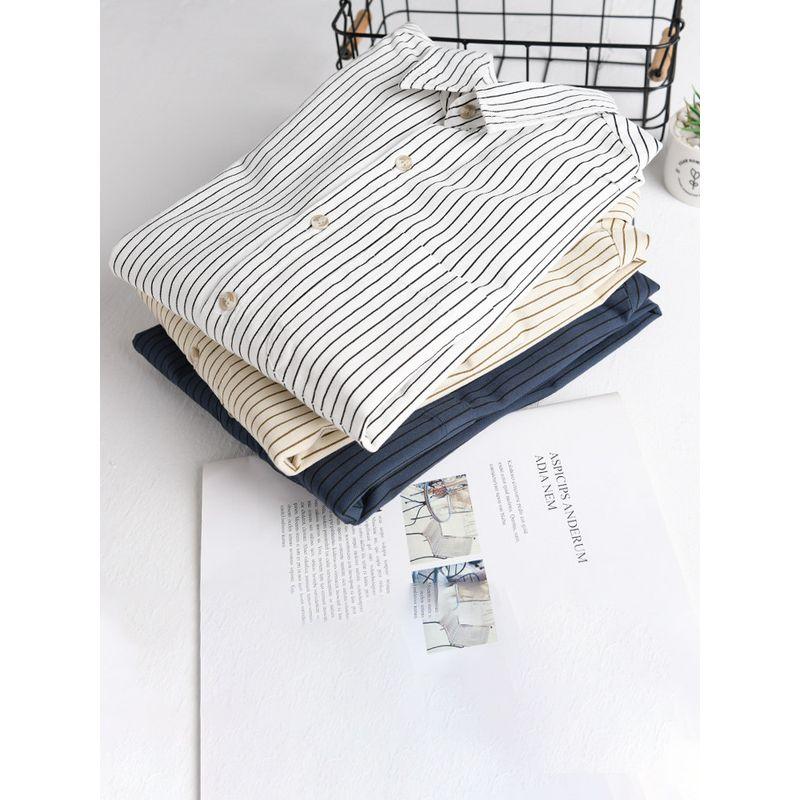 Spring and Autumn Japan fashion Print Vertical Stripes Long sleeve Shirts Men's Loose Casual Shirt Outerwear Cotton All-Matching New