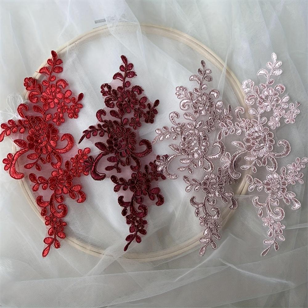 Pair of Floral Lace Applique Patches Embroidered Iron-On Decoration for Wedding Dress DIY Crafting - White