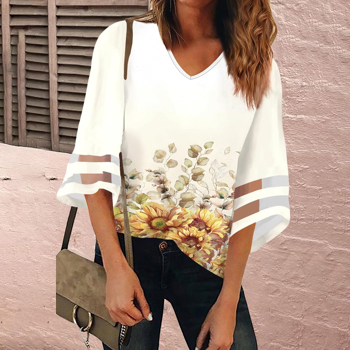 

Женская рубашка, блузка, повседневные свободные рубашки, кружевные рубашки с рукавами 3/4, топы с v-образным вырезом и принтом, топы с принтом, футболки, футболки L бежевый